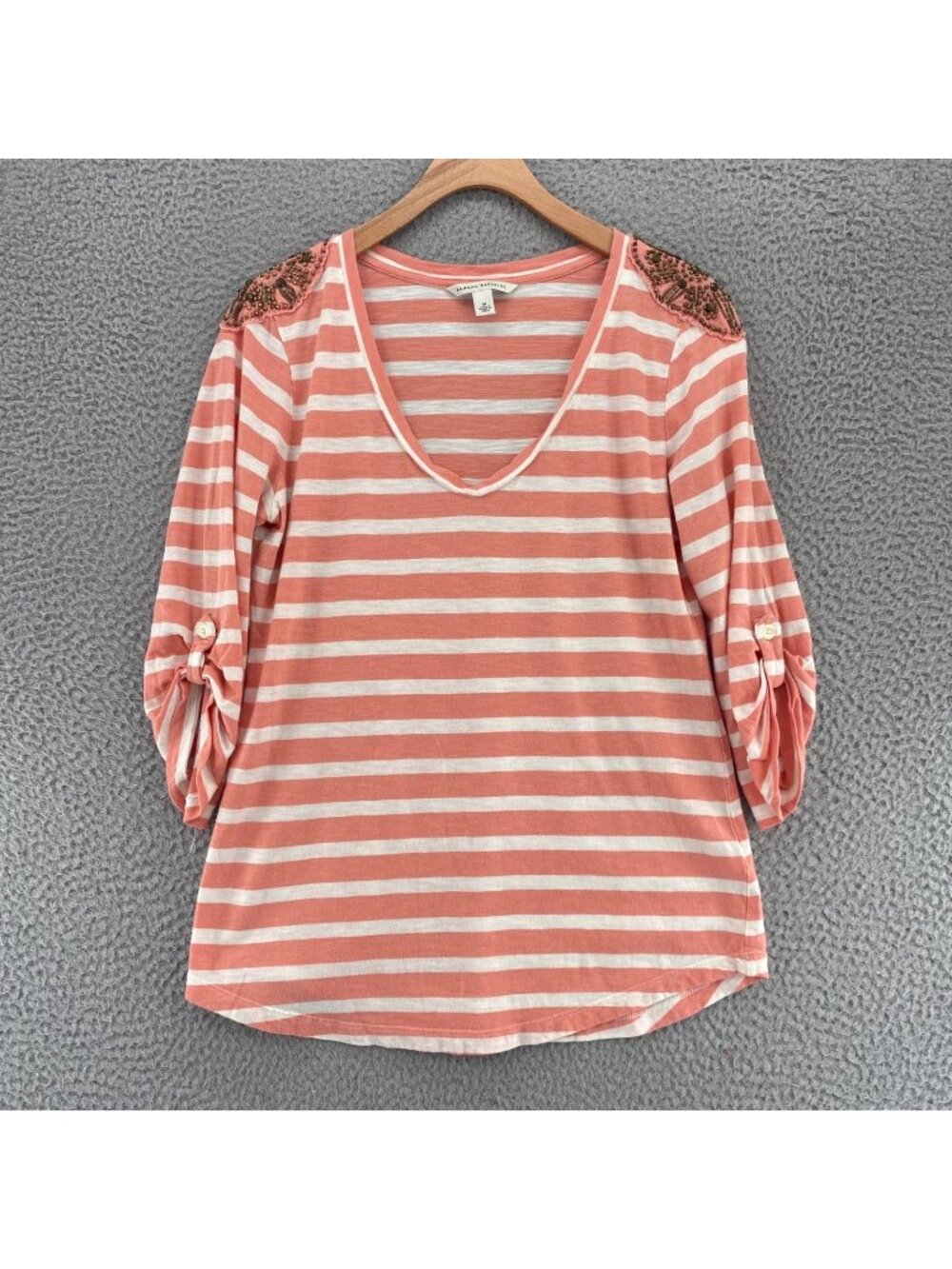 Banana Republic Top Womens Medium Pink Striped Cotton Tee Beaded Roll Top Sleeve